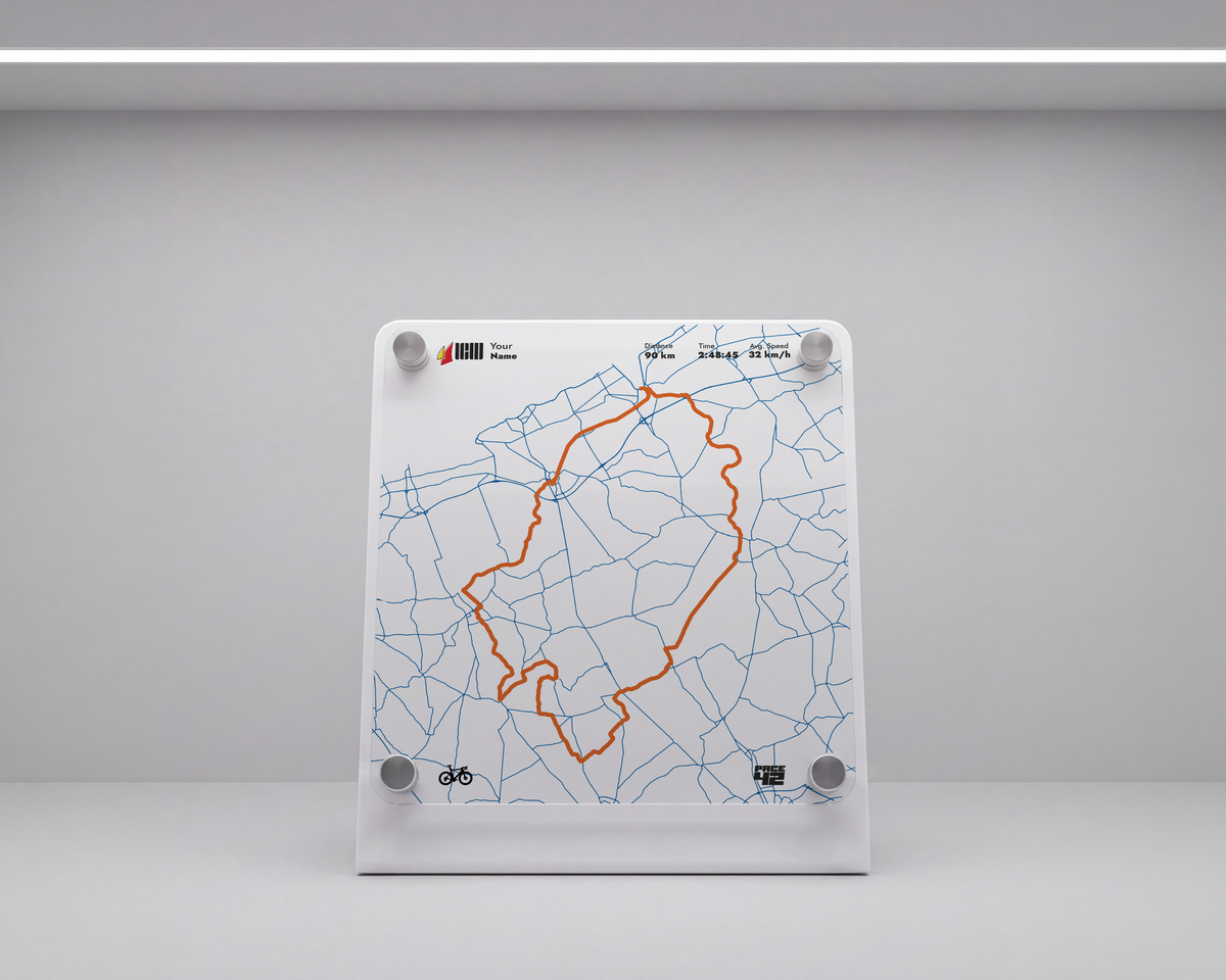 Custom Cycle Flanders Fields 90K cycling achievement display featuring the personalized route, average speed and finishing time