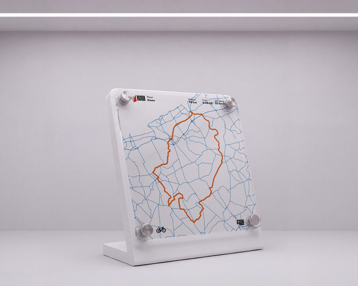 Side view of the Cycle Flanders Fields 90K achievement display with cycling route and marble-like mineral finish
