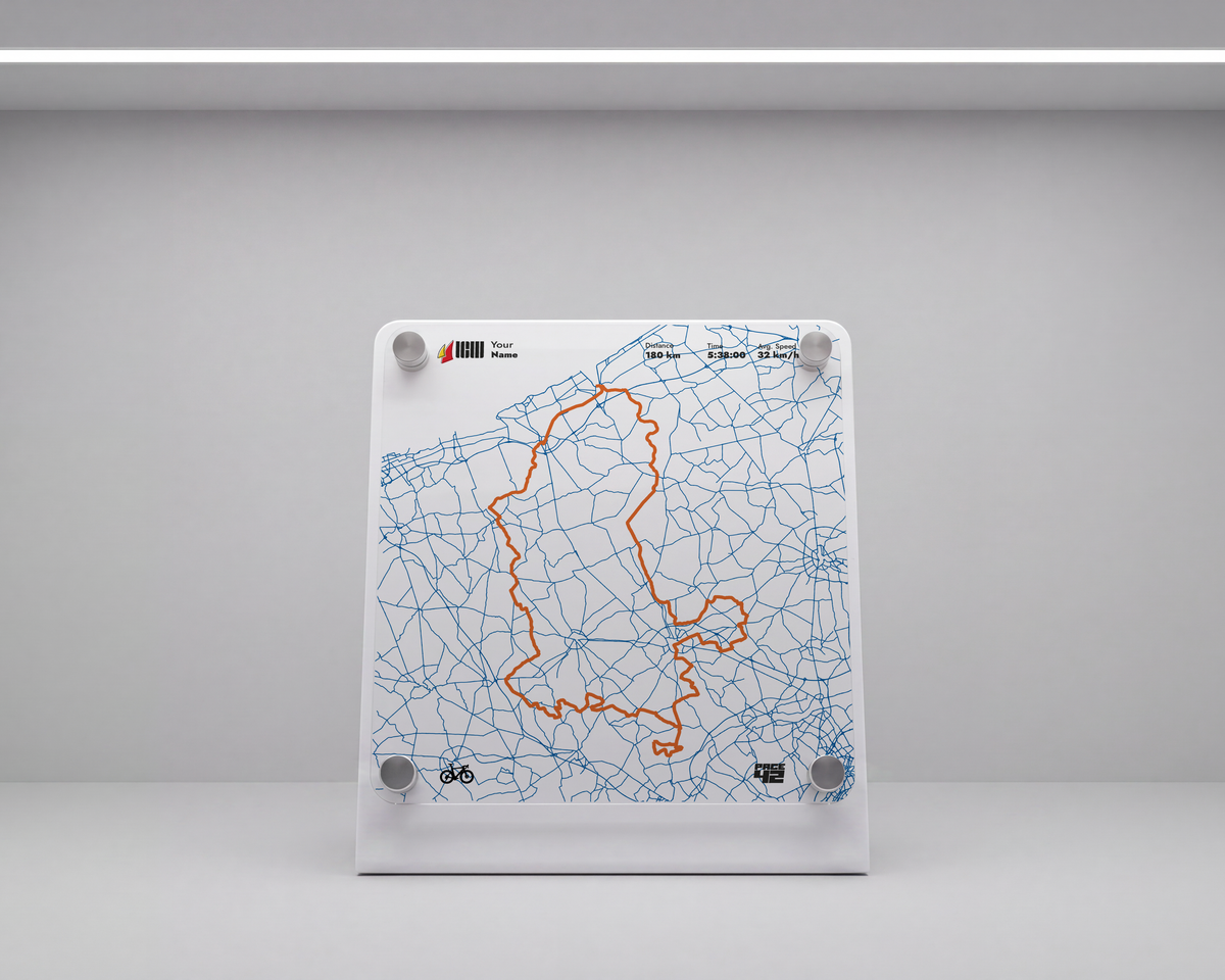 Custom Cycle Flanders Fields 180K cycling achievement display featuring the personalized route, average speed and finishing time