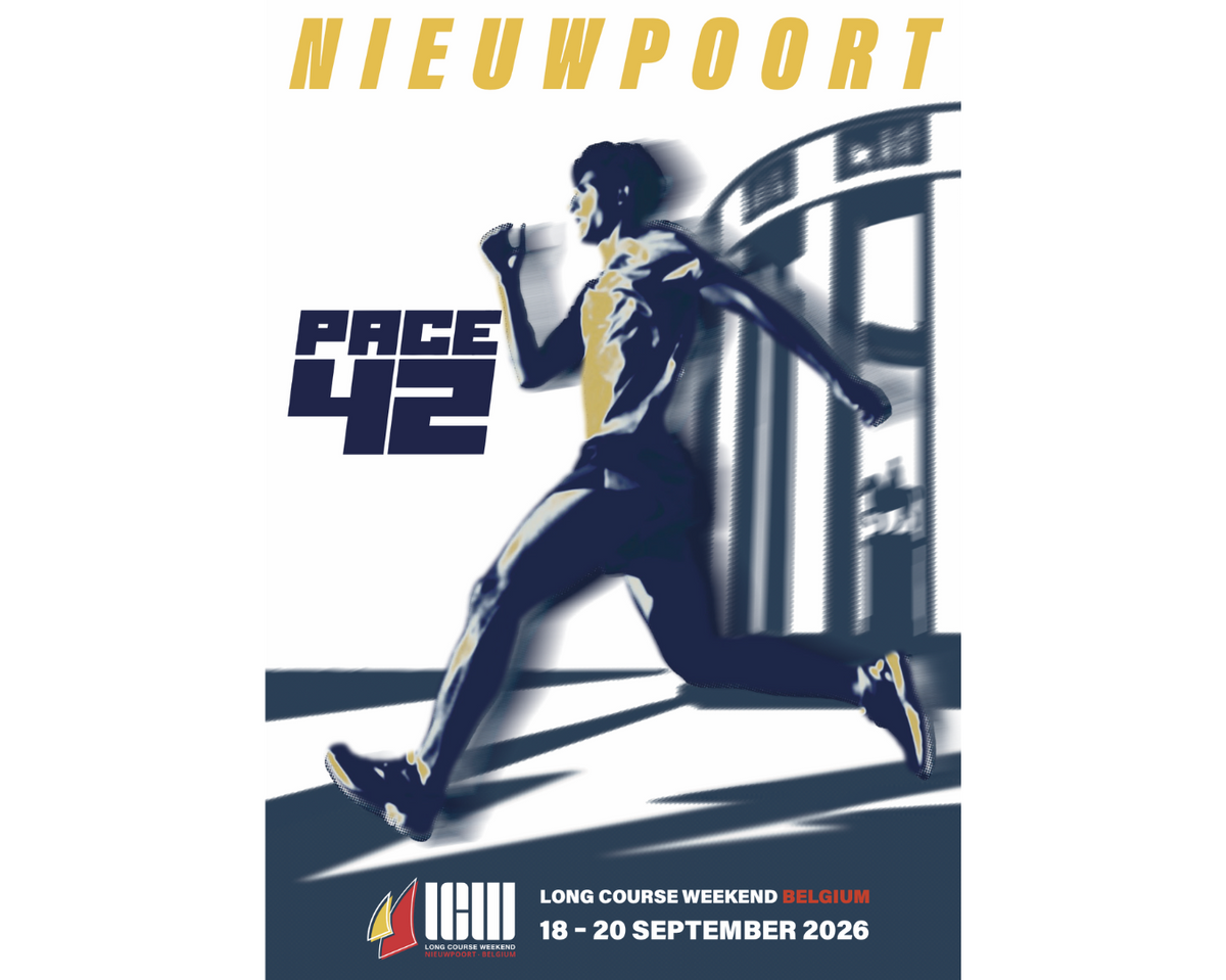Official Pace42 x Long Course Weekend Belgium 2026 Nieuwpoort poster, white edition with running artwork