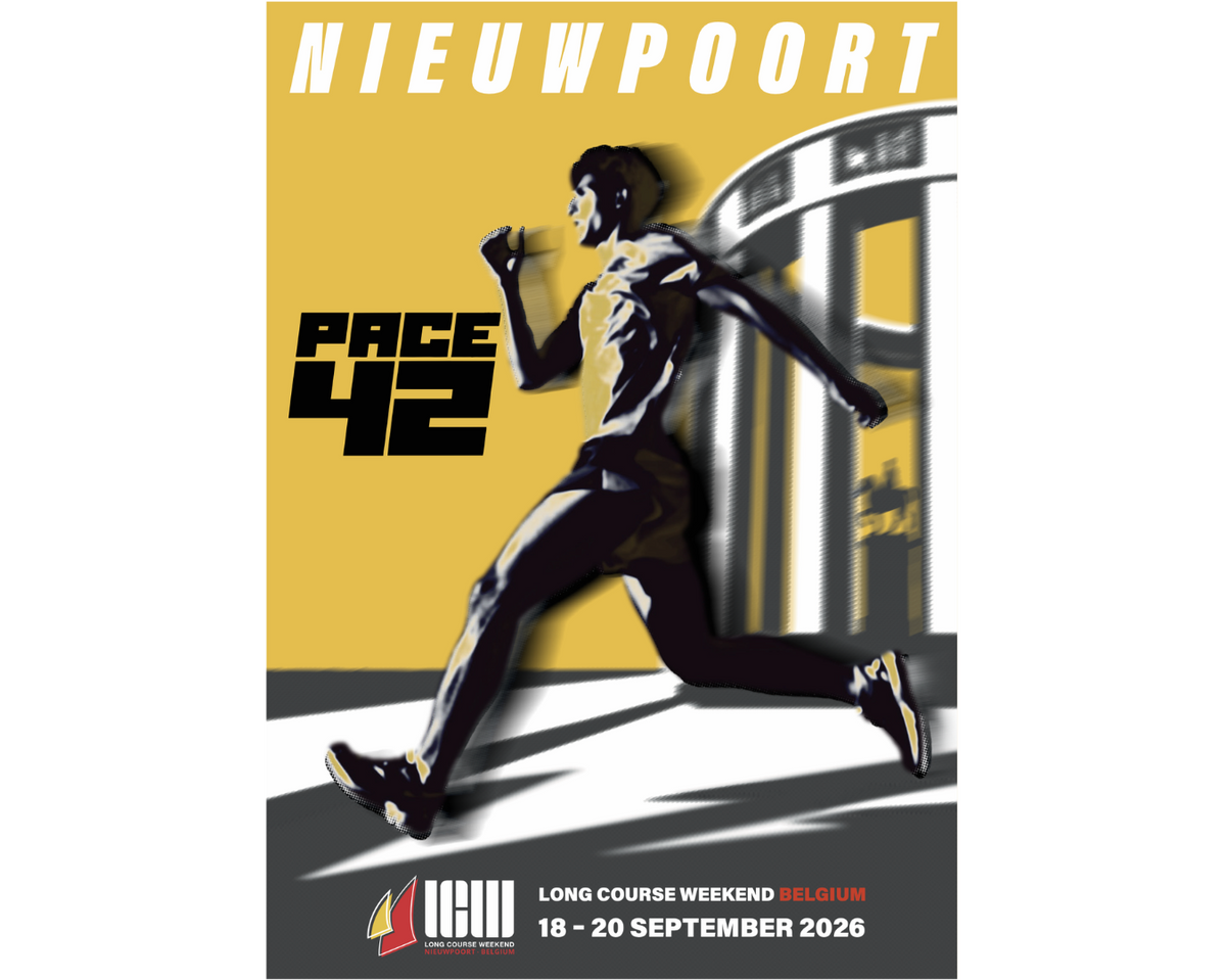 Official Pace42 x Long Course Weekend Belgium 2026 Nieuwpoort poster, yellow edition with running artwork