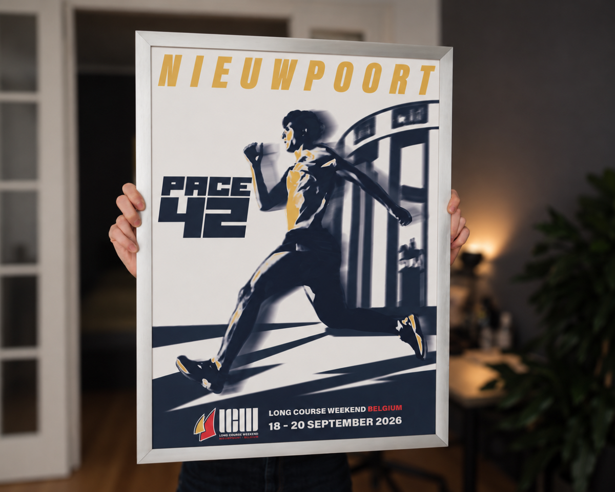 Official 2026 Long Course Weekend Belgium Nieuwpoort poster by Pace42 displayed in a home interior