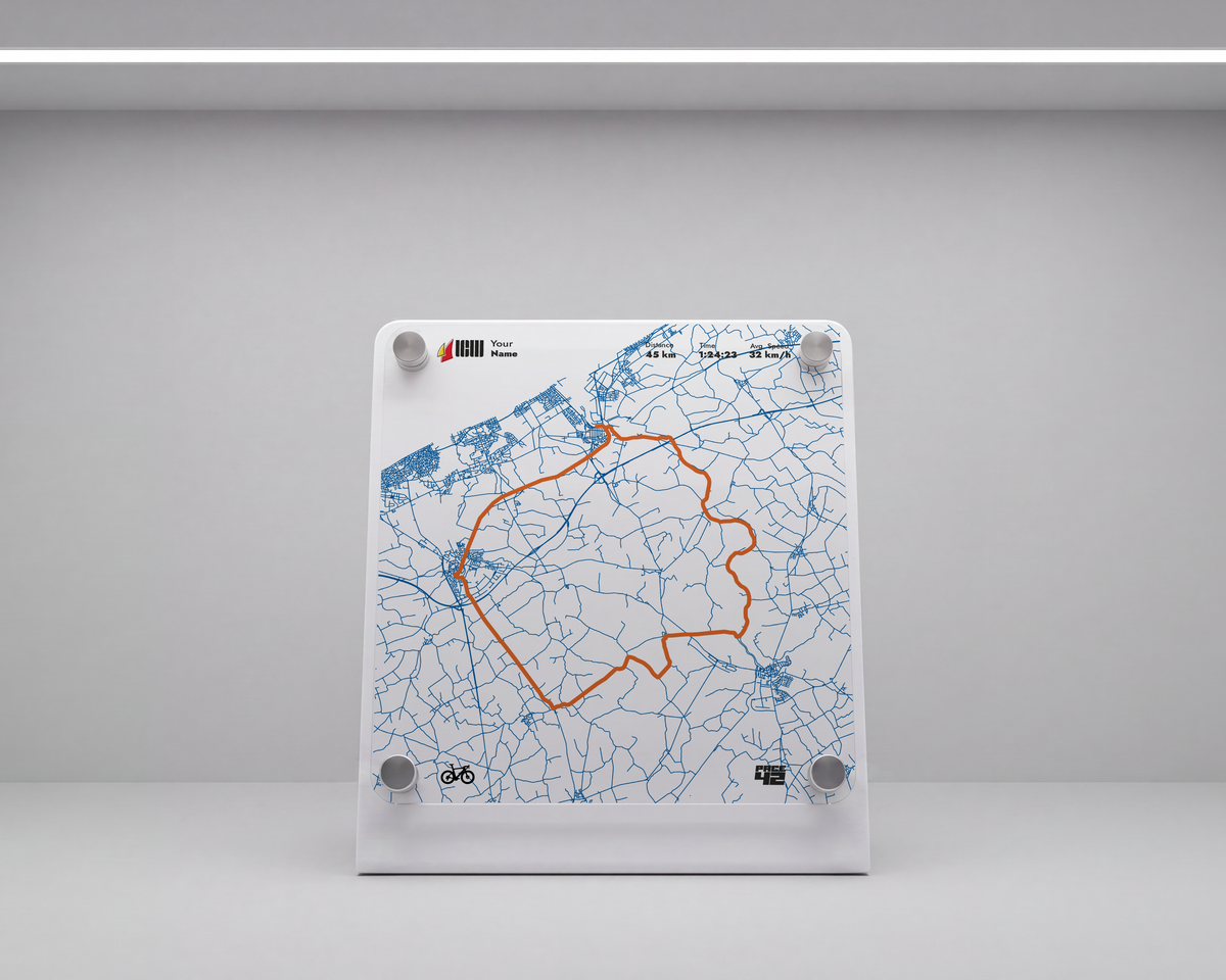 Custom Cycle Flanders Fields 45K cycling achievement display featuring the personalized route, average speed and finishing time