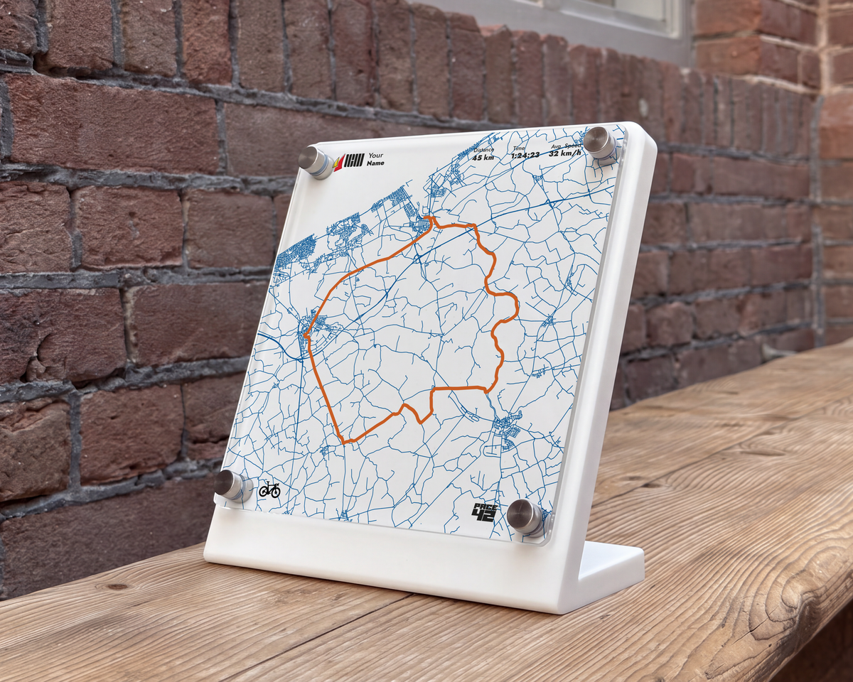 Custom Cycle Flanders Fields 45K achievement display featuring the cycling route and personalized ride details on a wooden bench