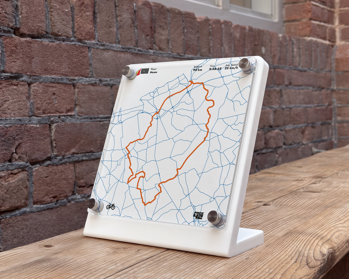 Custom Cycle Flanders Fields 90K achievement display featuring the cycling route and personalized ride details on a wooden bench