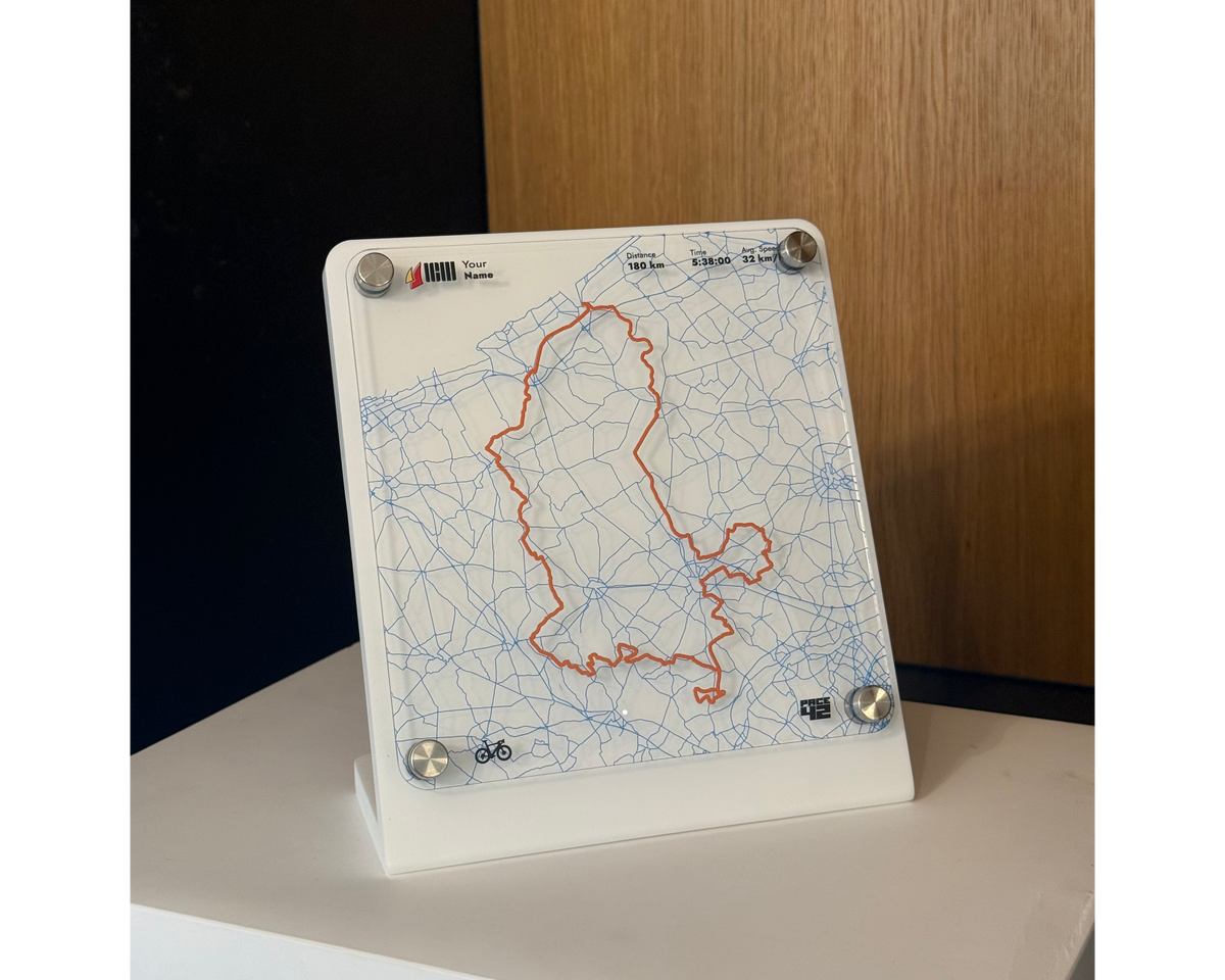 Close-up of the Cycle Flanders Fields 180K achievement display showing the personalized cycling route and finish details