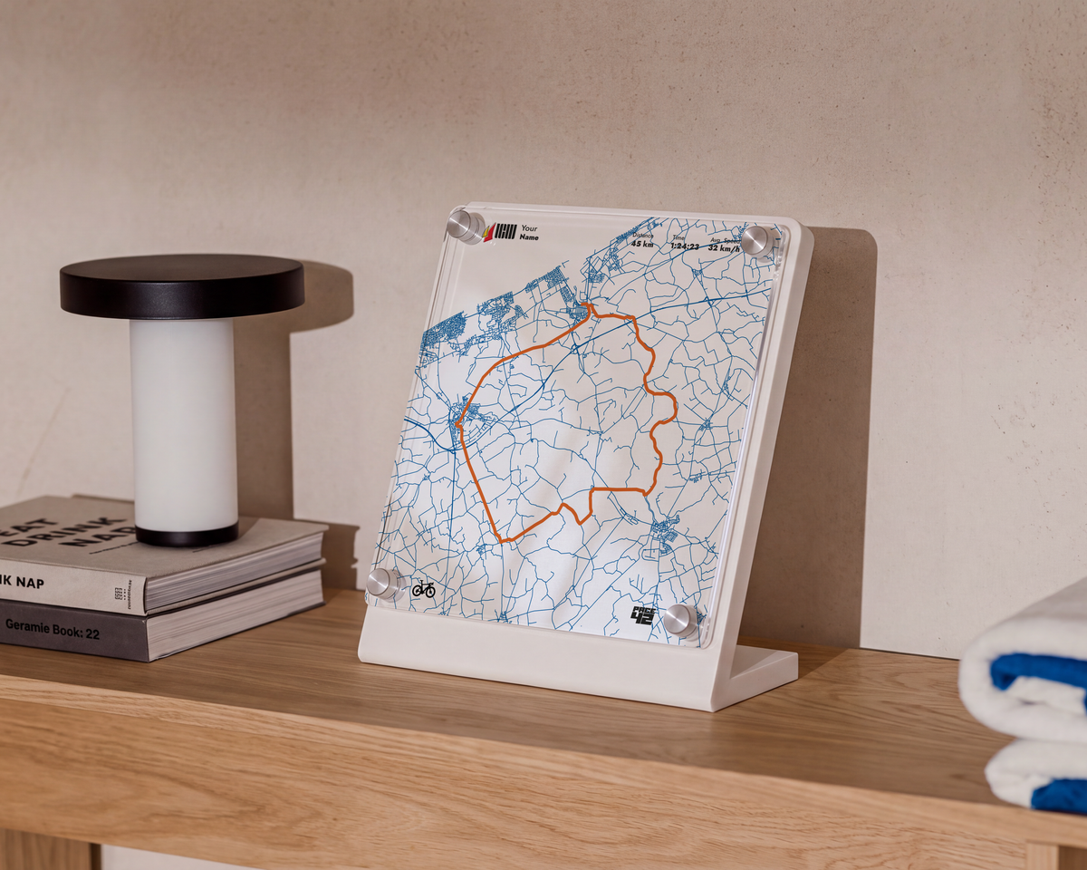 Personalized Cycle Flanders Fields 45K cycling achievement display with custom route, average speed and finish time