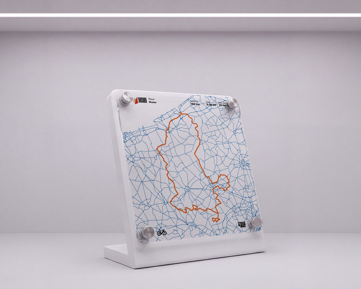 Side view of the Cycle Flanders Fields 180K achievement display with cycling route and marble-like mineral finish