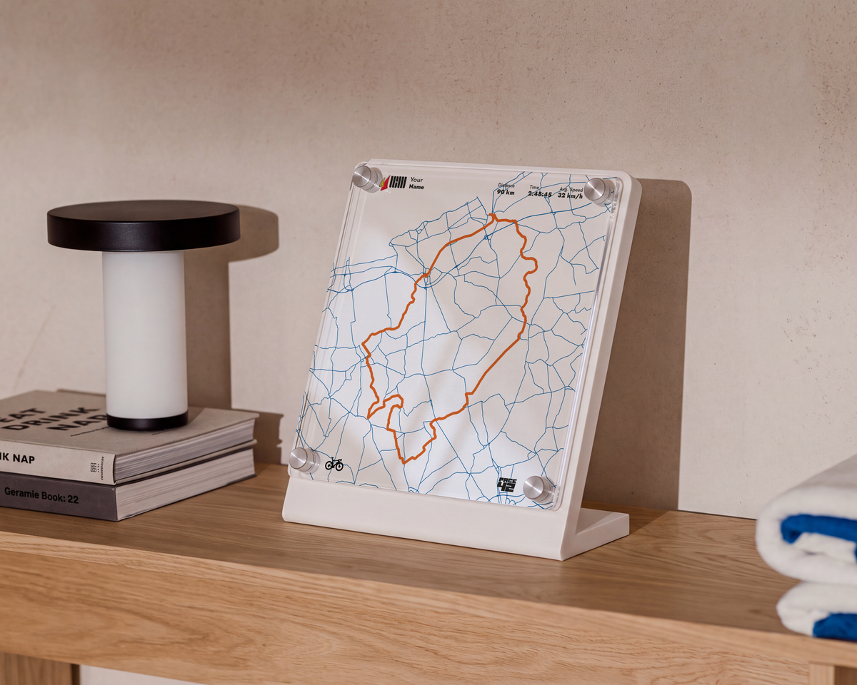 Personalized Cycle Flanders Fields 90K cycling achievement display with custom route, average speed and finish time