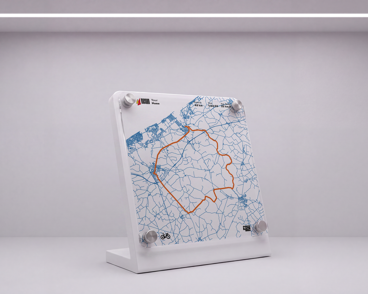 Side view of the Cycle Flanders Fields 45K achievement display with cycling route and marble-like mineral finish