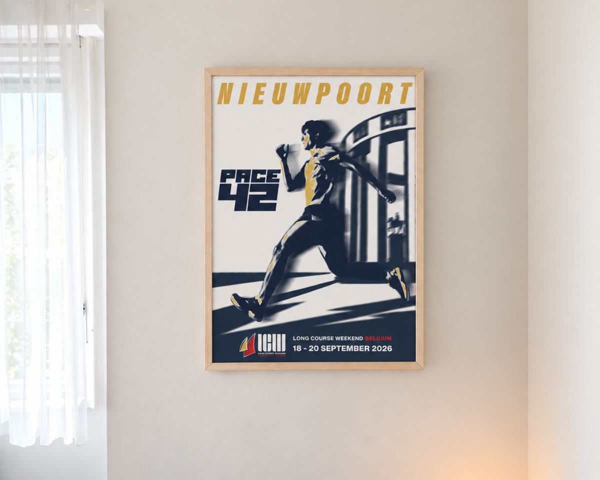 Pace42 x Long Course Weekend Belgium 2026 Nieuwpoort poster framed on a wall in a modern interior