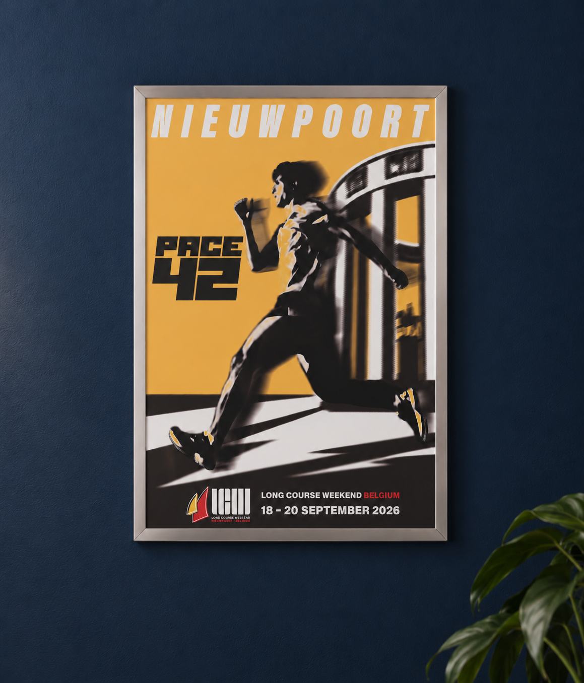 Official 2026 Long Course Weekend Belgium Nieuwpoort yellow poster by Pace42 displayed in a dark home interior