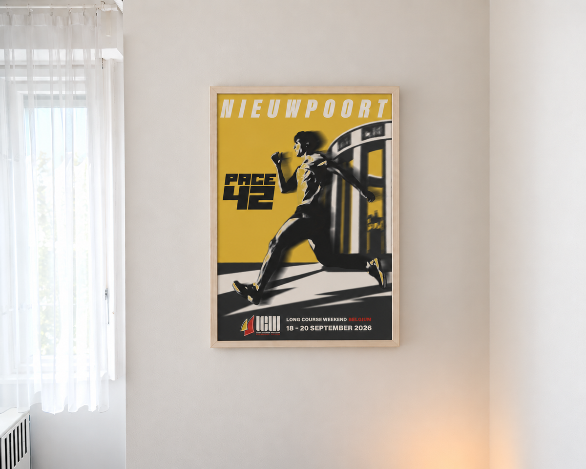 Pace42 x Long Course Weekend Belgium 2026 Nieuwpoort yellow poster framed on a wall in a modern interior